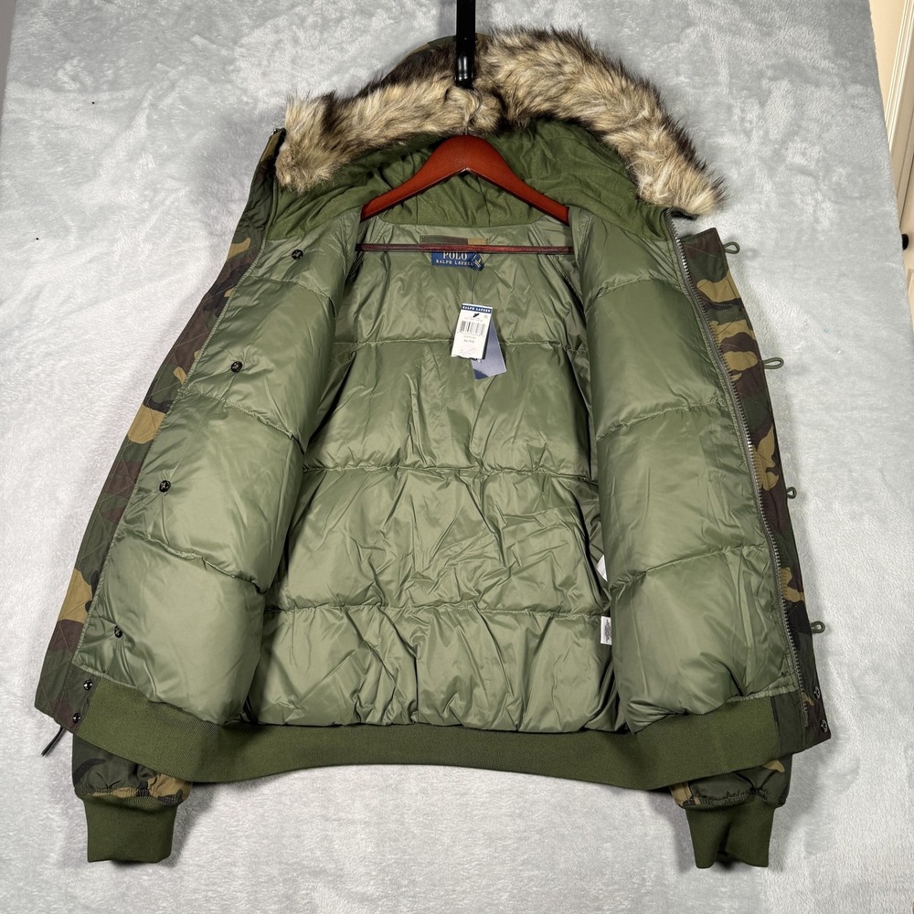 Polo Ralph Lauren Jacket Mens XL Green Camo Down Puffer Fur Trim Coat Bomber - Picture 4 of 16